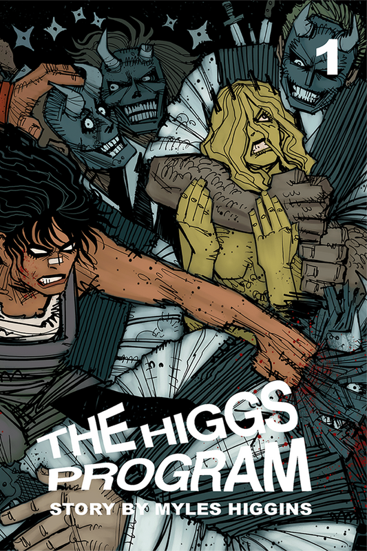 Cover of The Higgs Program comic book, featuring illustrated characters in a vibrant and action-packed scene.